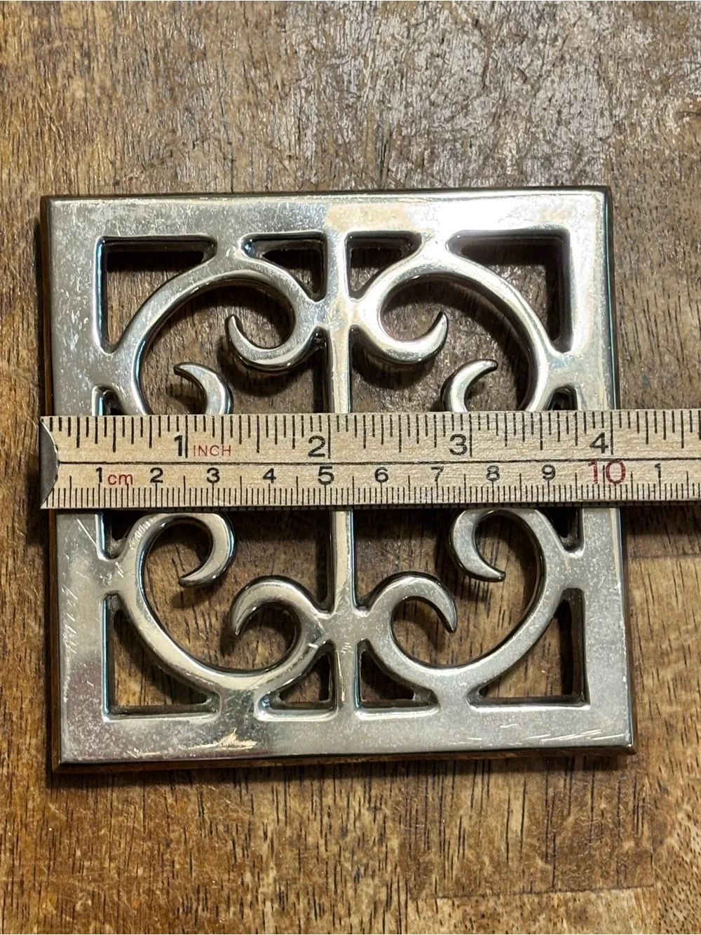 Vintage Silver Tone Metal Trivet Ornate Scrollwork Footed 4.25” Square